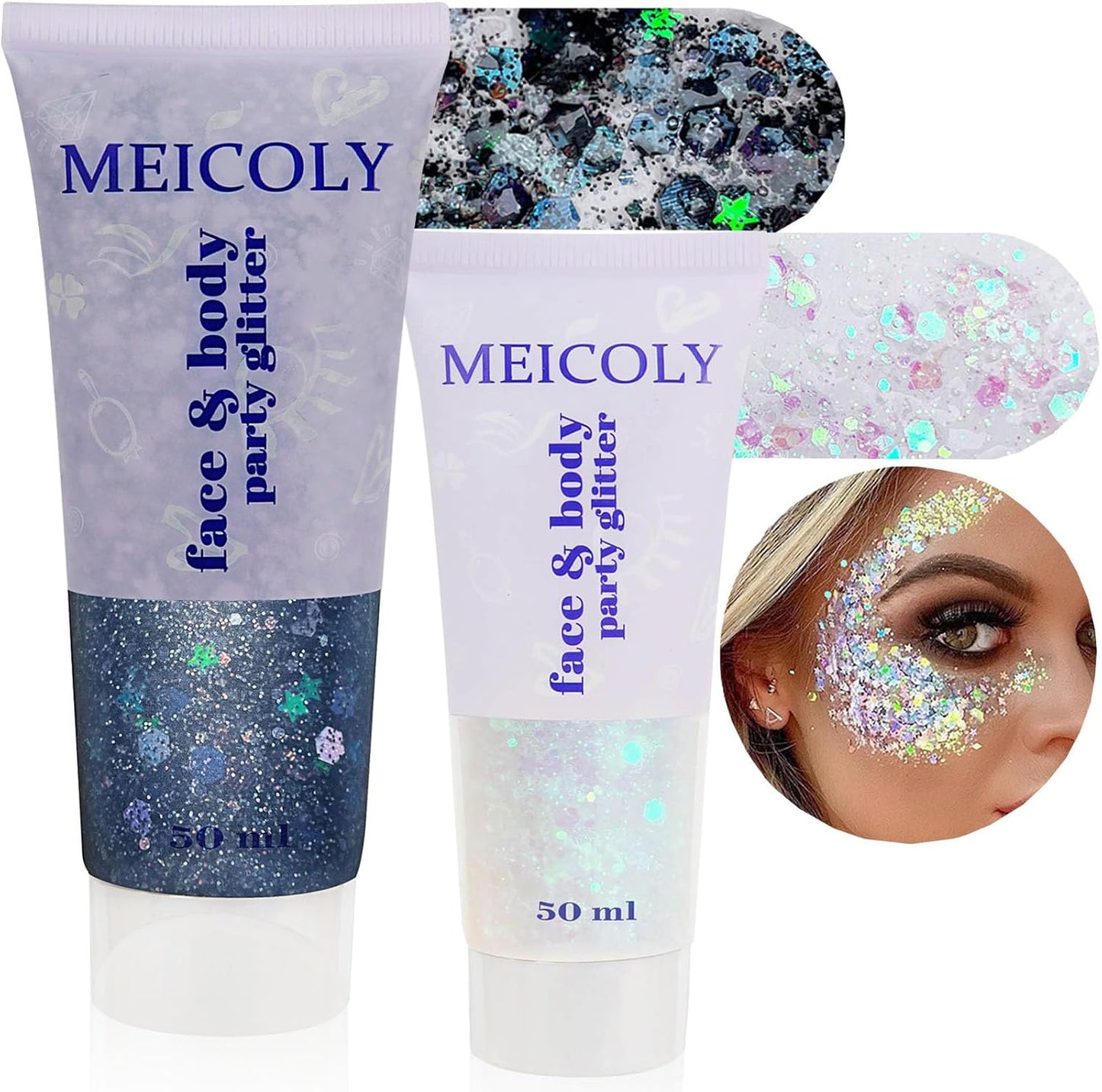 MEICOLY Black and Clear White Face Body Glitter Set,Mermaid Face Glitter Gel,Singer Concerts Festival Rave Accessories,Chunky Sequins Glitter Face Paint for Women and Kids,Sparkling Glitter Makeup