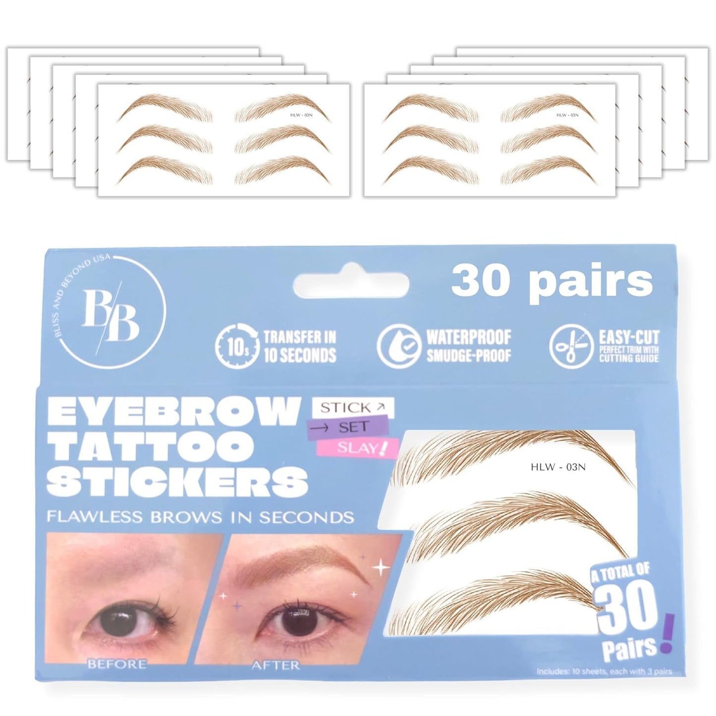 Bliss and Beyond USA Eyebrow Tattoo Stickers Waterproof – 30-Pair Deluxe Box | Realistic Hair-Like Temporary Brows for Alopecia, Cancer, and Hair Loss (Light Brown, Natural Hollywood)