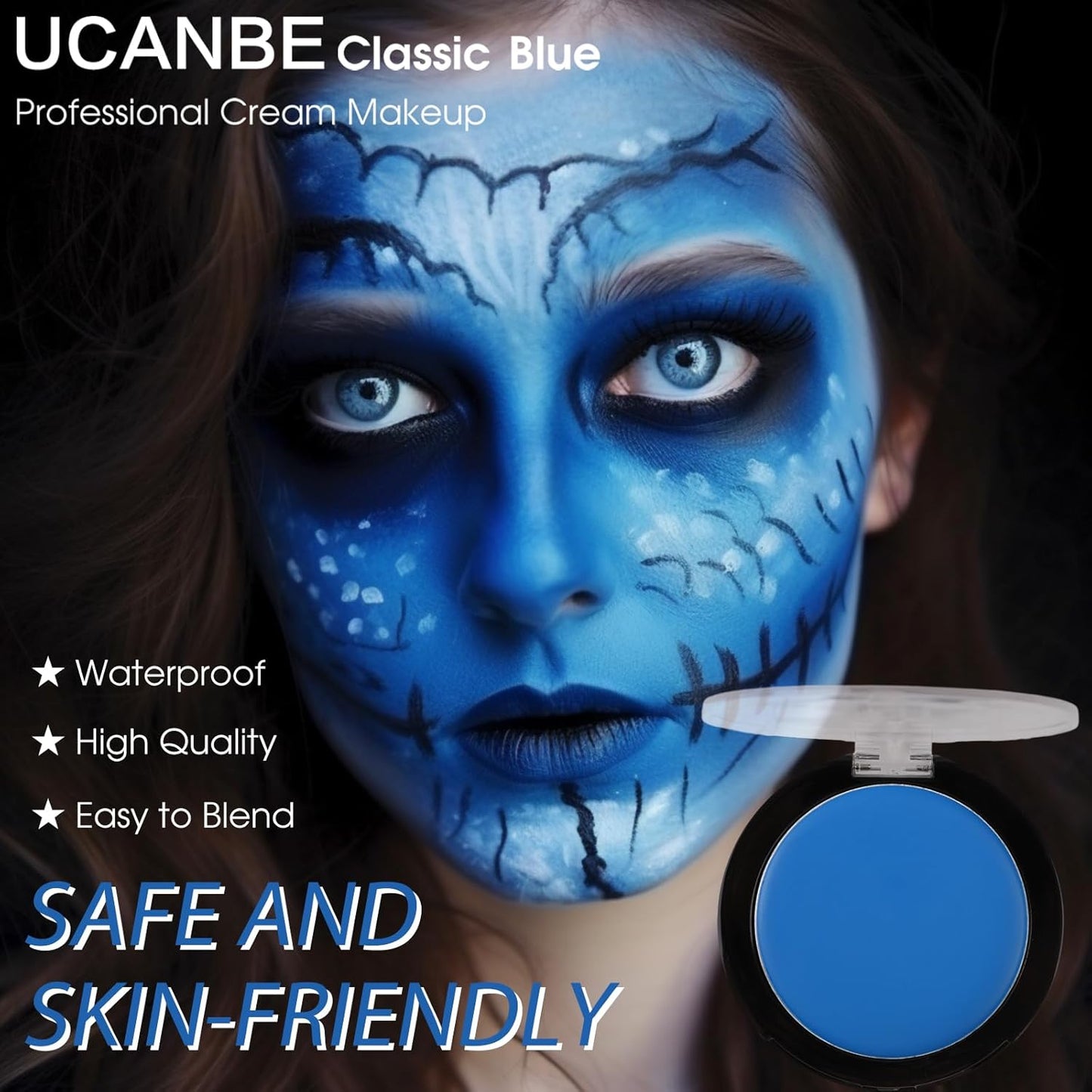 UCANBE Blue Face Body Paint Makeup Foundation, Professional Non-Toxic Greasepaint Palette for Kids & Adults Party, Cream Facepaints for Halloween Cosplay Theater Costume Stage SFX Dress-Up Makeup