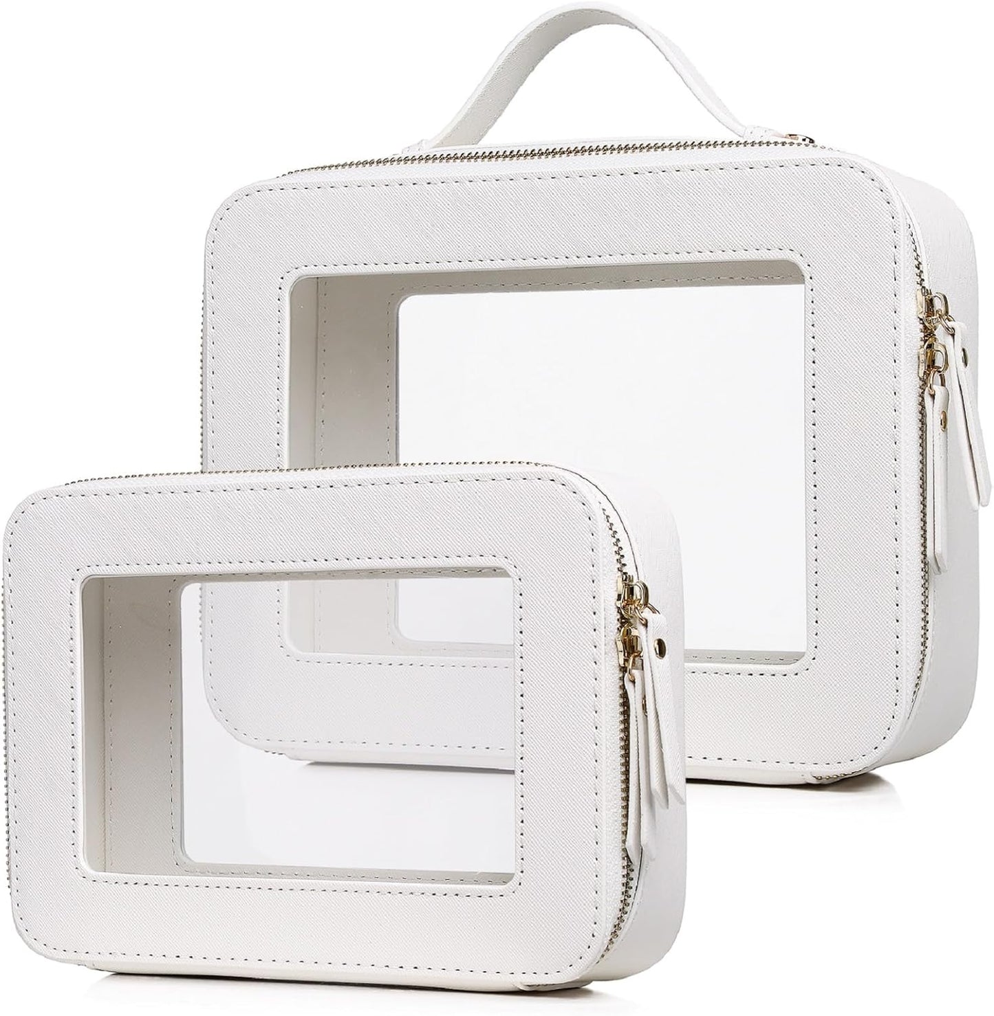 Pinkmik Clear Makeup Bag for Women Waterproof Travel Cosmetics and Toiletries Case Portable Makeup Oaganizer Bag Clear Car Bag with Zipper (White, M+L)