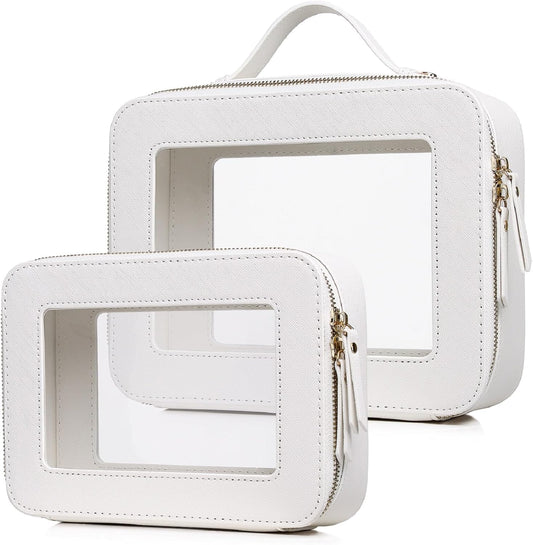Pinkmik Clear Makeup Bag for Women Waterproof Travel Cosmetics and Toiletries Case Portable Makeup Oaganizer Bag Clear Car Bag with Zipper (White, M+L)