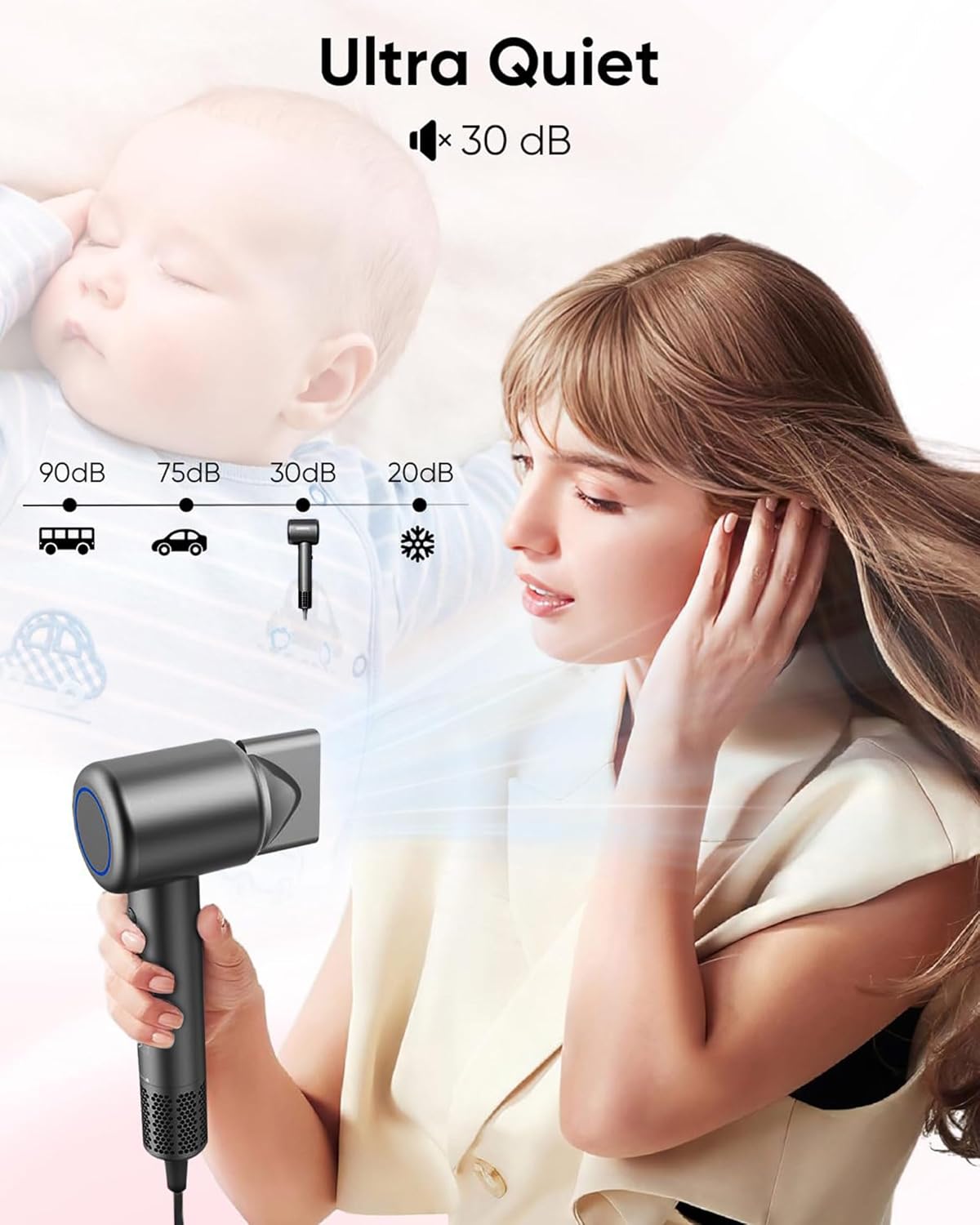 Hair Dryer, High-Speed Ionic Low Noise Blow Dryer for Fast Drying, Birthday Christmas Gifts for Women Men Mom Dad, Thermo-Control Quiet Compact Hair Blow Dryer for Travel Salon, Gray