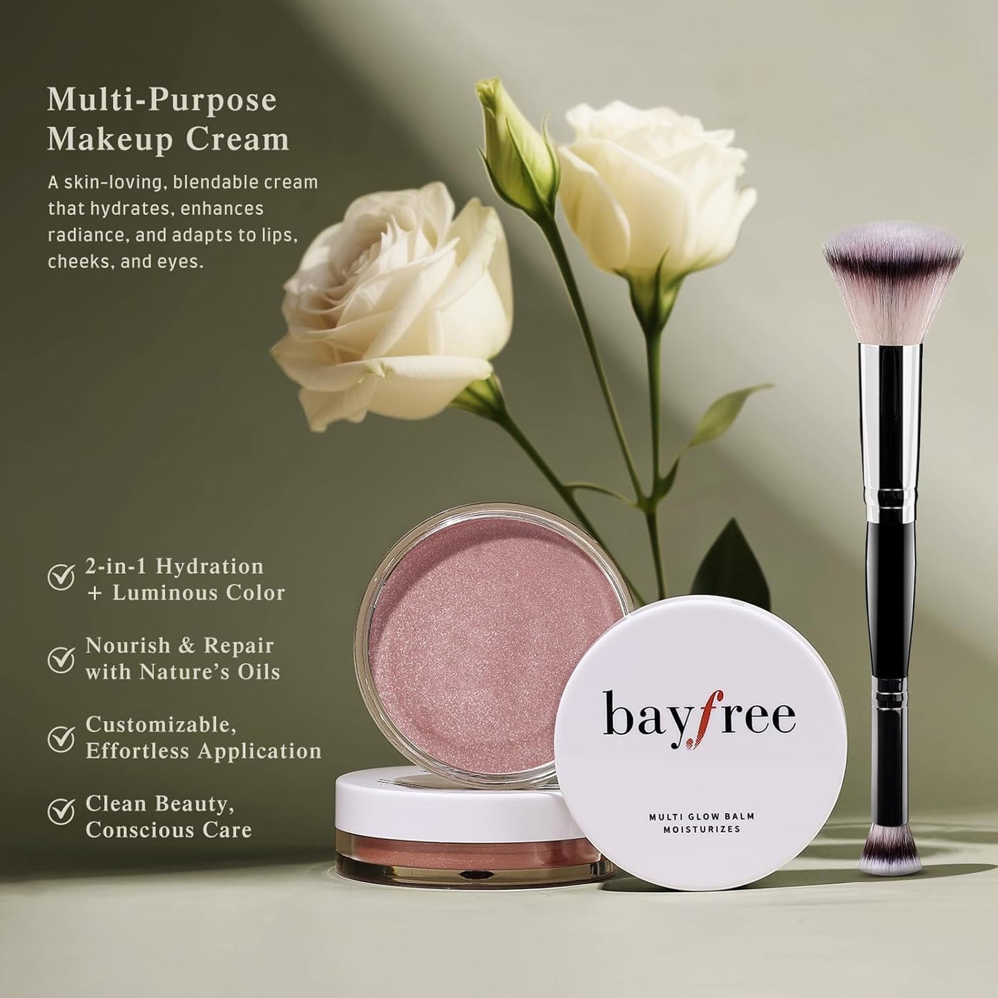 bayfree Multi Glow Balm Set, Cream Blush with Double-ended Brush, Radiant Finish, Hydrating, Creamy, Radiant Finish, Lightweight & Blendable Color, Face Balm