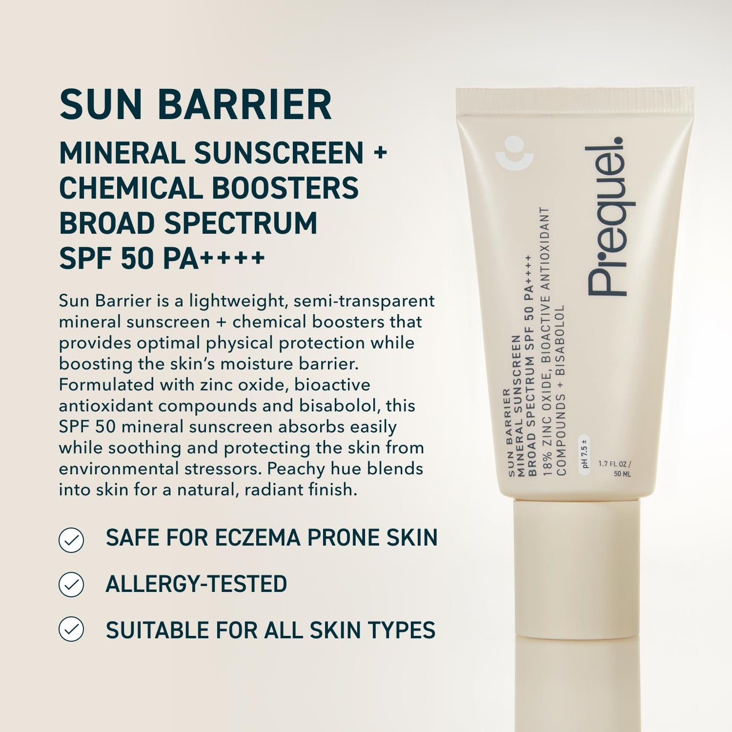 Prequel Skin Sun Barrier Mineral Sunscreen SPF 50. PA++++ Broad Spectrum Zinc Oxide Sunblock with Semi-Transparent Lightweight Texture. Moisturizing UV Defense for Face. Travel Size, 1.7oz
