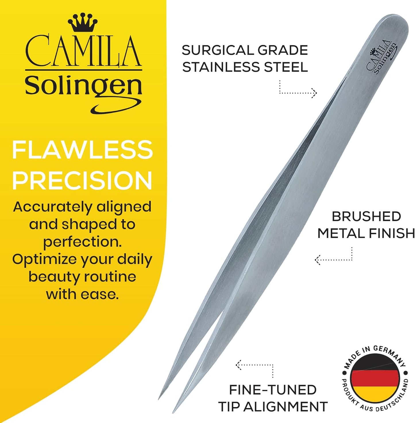 CS27 4" Professional Surgical Grade Stainless Steel Precision Tip Eyebrow Tweezers for Facial Hair Shaping & Removal. Beauty Tool for Men/Women. Made in Solingen Germany (Pointed)