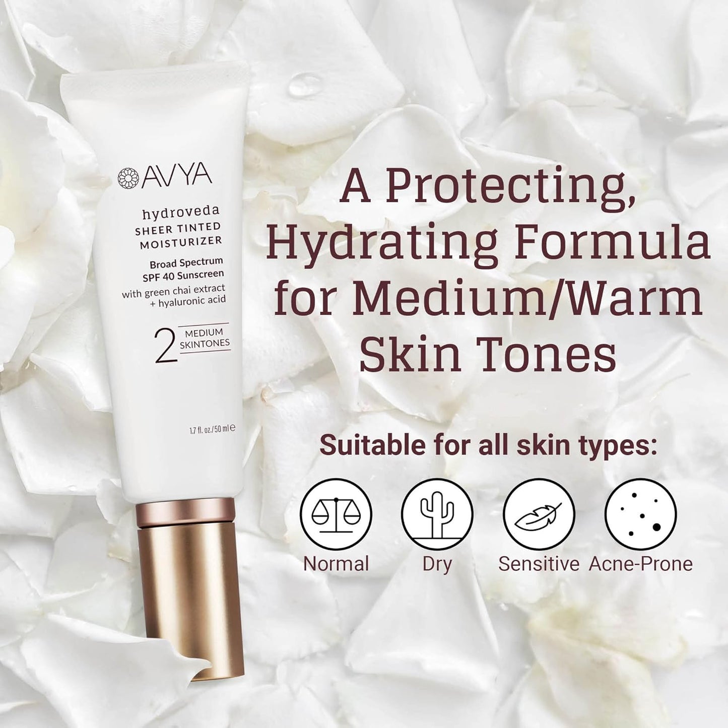 AVYA SPF 40 Sheer Tinted Moisturizer with Hyaluronic Acid & Green Chai – Advanced Ayurvedic Skincare Treatment for Balanced and Brighter Skin/Medium Skintones Shade #2 (1.7oz/50ml)