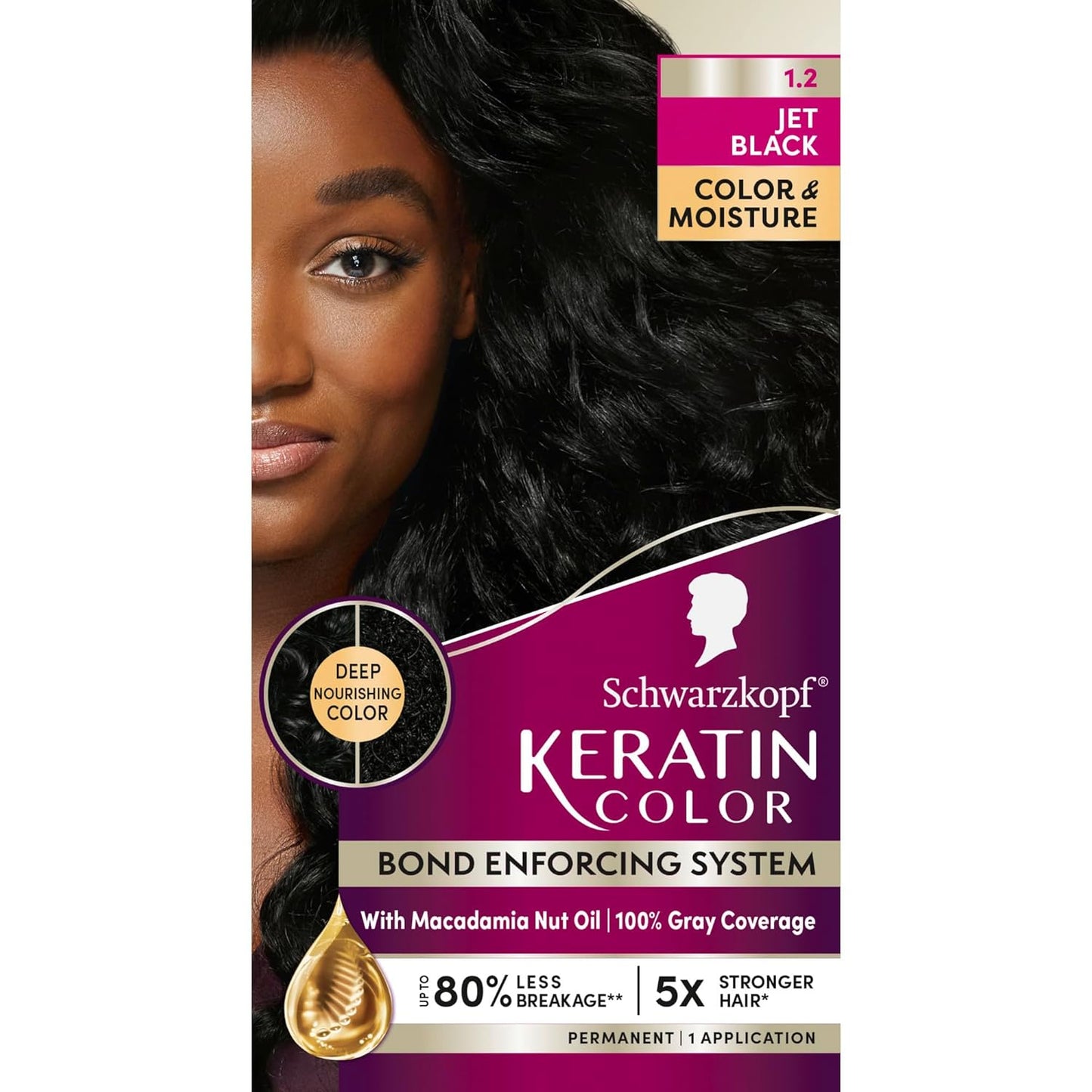 Schwarzkopf Keratin Permanent Hair Dye Cream, 1.2 Jet Black, Professional Quality Color for Up to 100% Gray Coverage, Bond Enforcing System