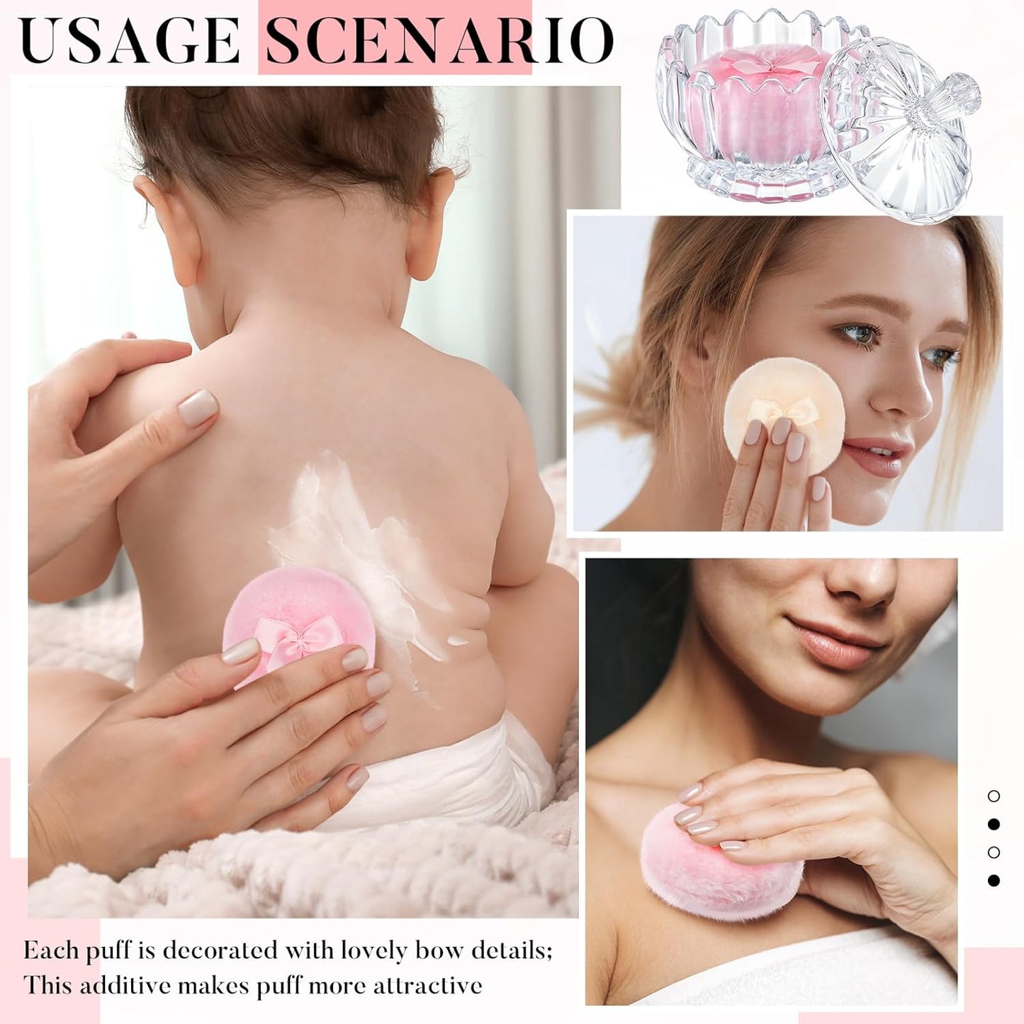 Tioncy 3 Pcs Large Body Powder Puff and Container Powder Container with Puff Powder Puff Crystal Container Soft Washable Reusable Velour Face Body Glitter Powder Puff Wet Dry Makeup(Clear,Cute)