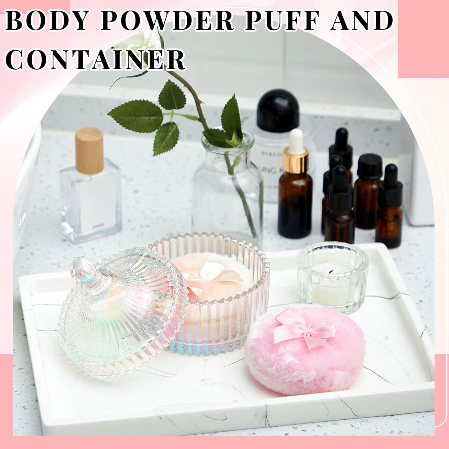 Tioncy 3 Pcs Large Body Powder Puff and Container Powder Container with Puff Crystal Case Soft Washable Reusable Velour Face Body Glitter Wet Dry Makeup(Simple,Dazzling)