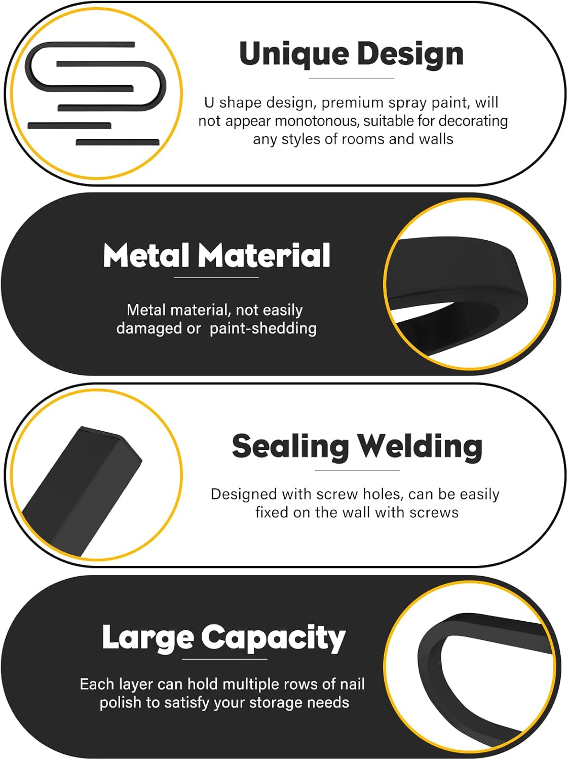 EBANKU 6PCS U Shape Nail Polish Racks Heavy Duty Nail Shelfs for Wall Nail Polish Display Rack Cosmetic Display Cases Nail Polish Organizer Wall Shelf for Home Spa Nail Salon(Black)