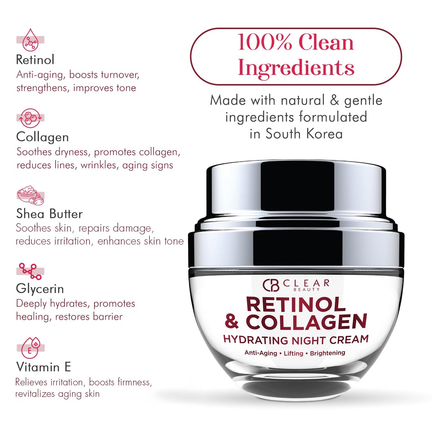 Clear Beauty Retinol & Collagen Night Face Moisturizer - Dermatologist Tested, Moisturizes, Reduces Wrinkles & Fine Lines, Hydrating Cream, Cruelty-Free Korean Skin Care, All Skin Types - 1.69 oz