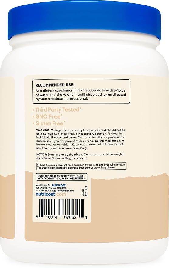 Nutricost Grass-Fed Collagen Powder 1LB (454 G) (Vanilla) - Grass Fed Bovine Collagen Hydrolysate - Collagen Peptides