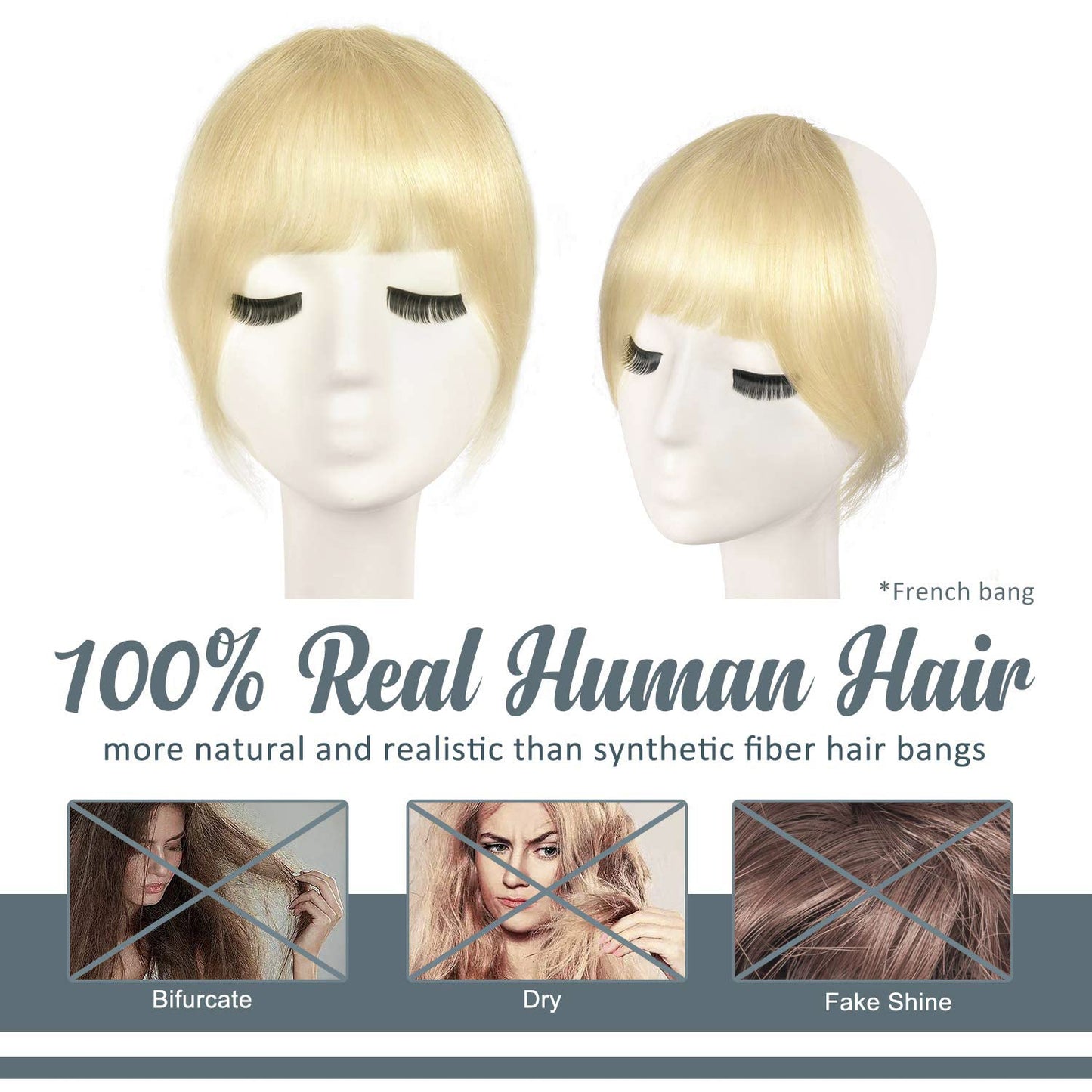 BARSDAR Real Human Hair Clip in Bangs - Human Hair Clip in Bangs for Women - Light Blonde French Bangs Extensions Fringe with Temples Dyeable Real Hair Bangs Hairpieces - Bleach Blonde