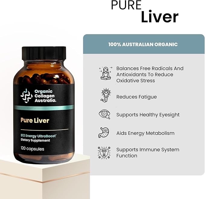 Organic Collagen Australia Pure Liver Capsules - Grass-Fed & Pasture-Raised – Source of B12 Energy, Immune Support, Muscle Strength & Metabolism Aid (120 Capsules)