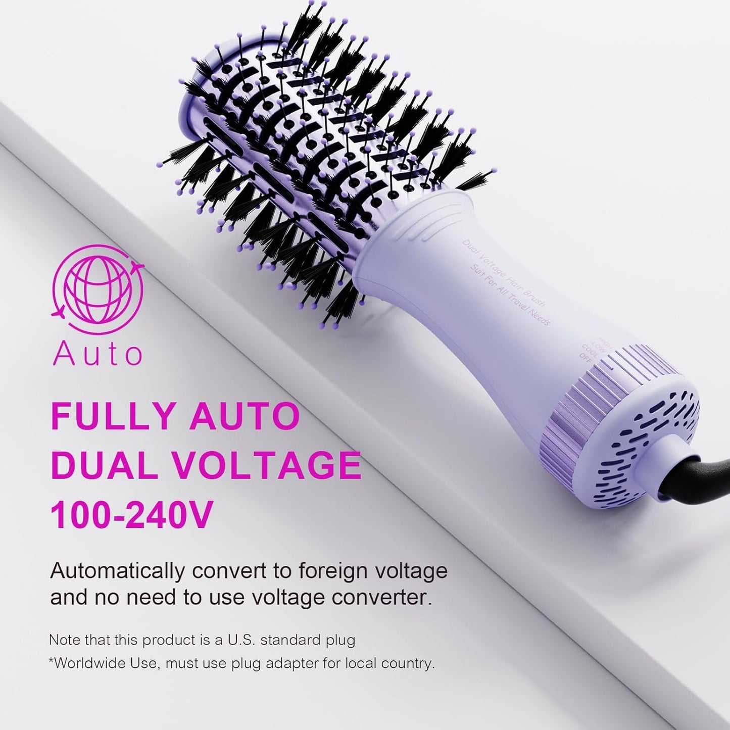 Dual Voltage Hair Dryer Brush Travel Blow Dryer Brush in One,2 inch Portable Mini Hot Air Brush,Travel Hair Tools/Volumizer/Straightener/Curler,European Blow Dry Brush with EU&UK Plug