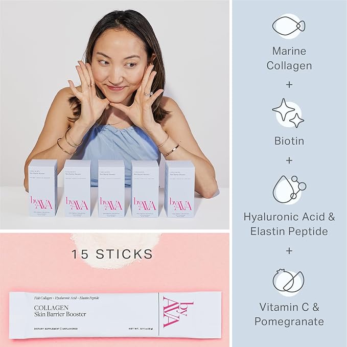 Marine Collagen Powder Skin Barrier Booster | Unflavored Fish Collagen Peptides with Elastin, Hyaluronic Acid, Biotin & Vitamin C | 15 Travel Stick Packets