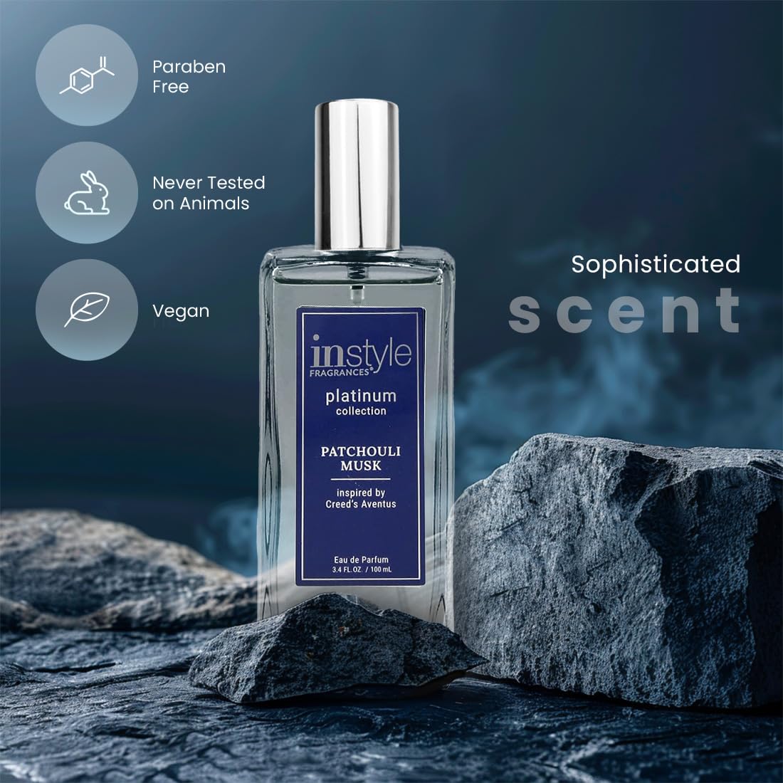 Instyle Fragrances, Platinum Collection, Patchouli Musk, Inspired by Creed's Aventus, Men’s Eau de Parfum, CLEAN, Vegan, Paraben-Free, Phthalate-Free, Never Tested on Animals, 3.4 Fluid Ounces