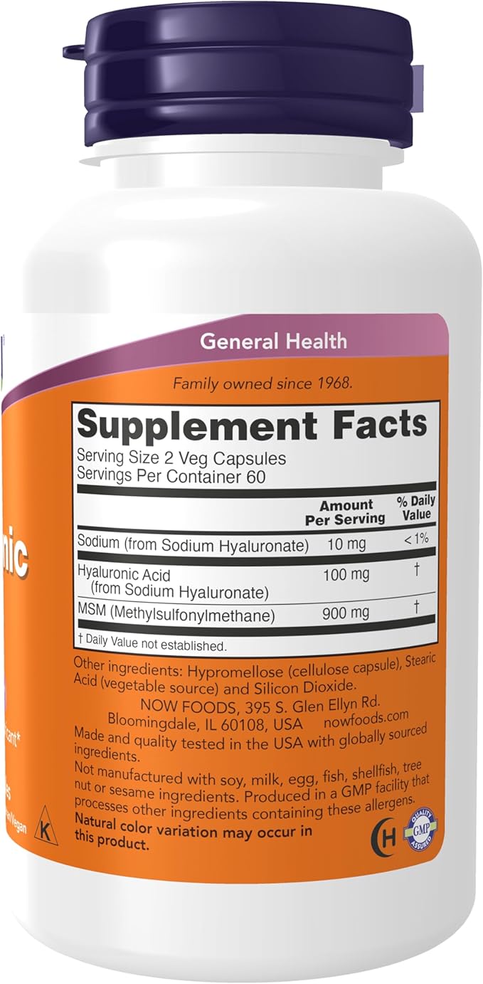 NOW Foods Supplements, Hyaluronic Acid 50 mg with MSM, Joint Support*, 120 Veg Capsules