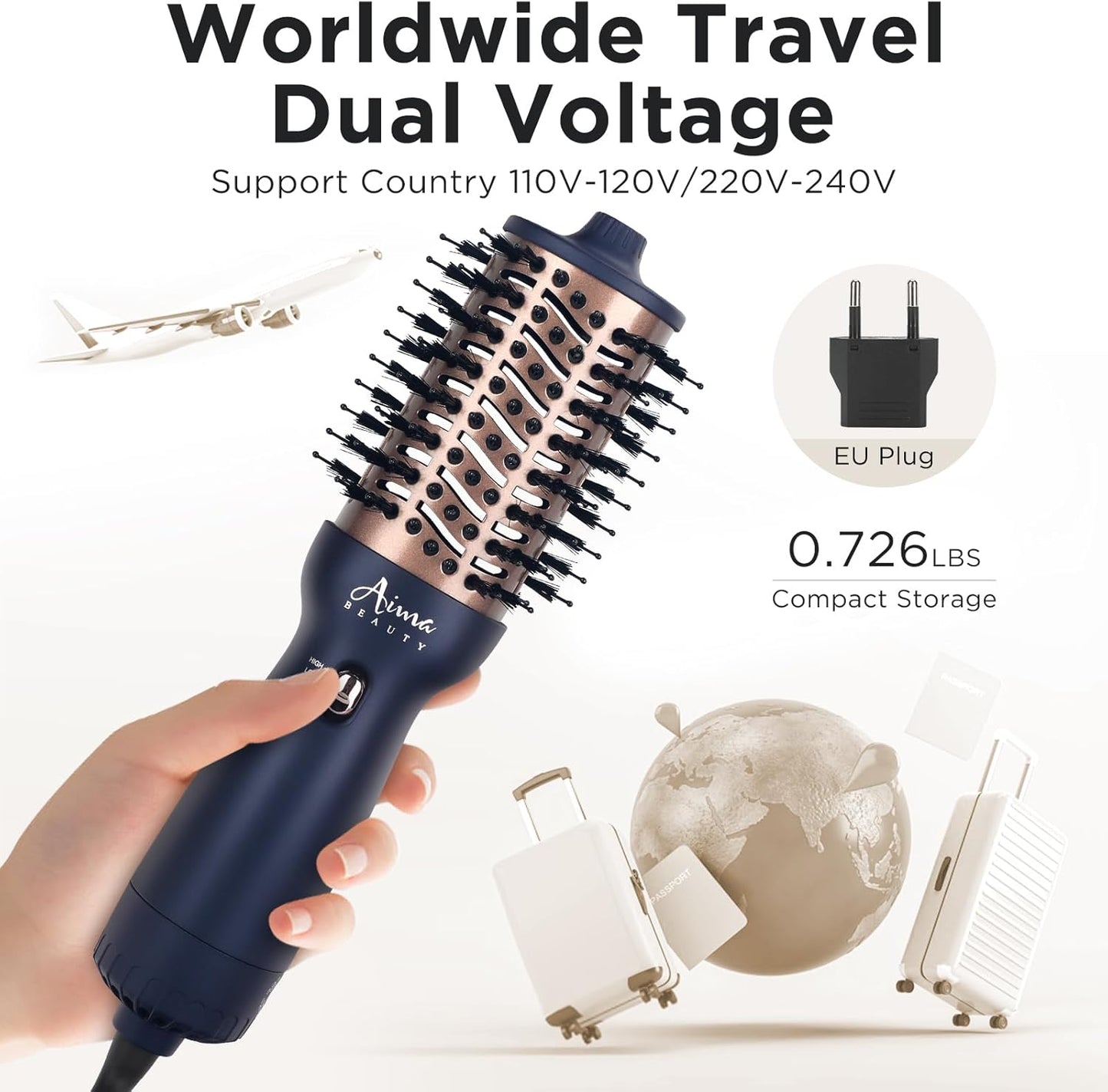 Aima Beauty Worldwide Travel Hair Dryer Brush 110-240V Dual Voltage Blow Dryer Brush Hot Air Brush Oval Barrel 360° Hot Airflow, Negative Ionic Frizz-Free Dry/Straightening/Voluming,Prussian Blue
