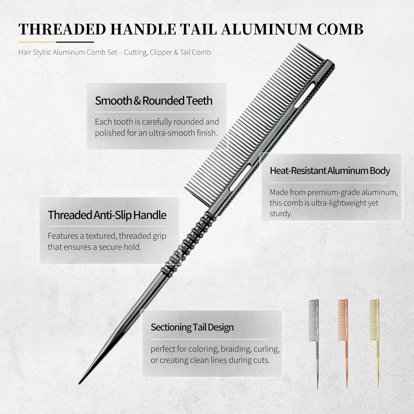 3 Pcs Professional Aluminum Comb Set for Barber Hair Styling - Fine Cutting, Rat Tail, Handle Combs (Black)