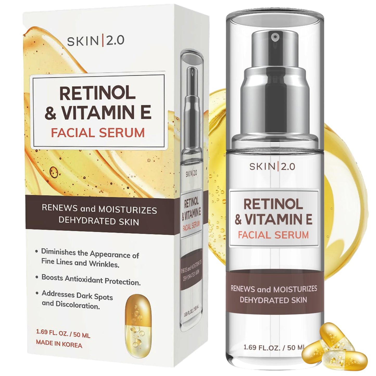 Retinol & Vitamin E Face Serum - 1.69 Fl. oz, Cruelty-Free, Reduces Acne Scars, Wrinkles, Anti-Aging, Skin Renewal, Hydrating, Korean Beauty