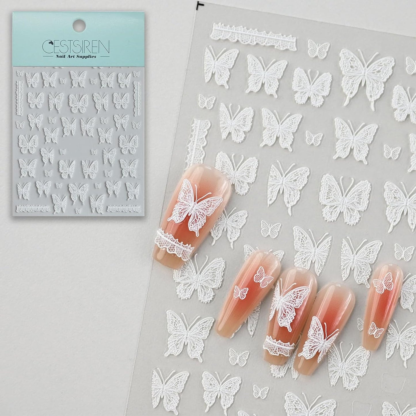 Lace Butterfly Nail Art Stickers, Embossed Nail Decals,Self-Adhesive, White Nail Accessories for Women, Nail Decorations