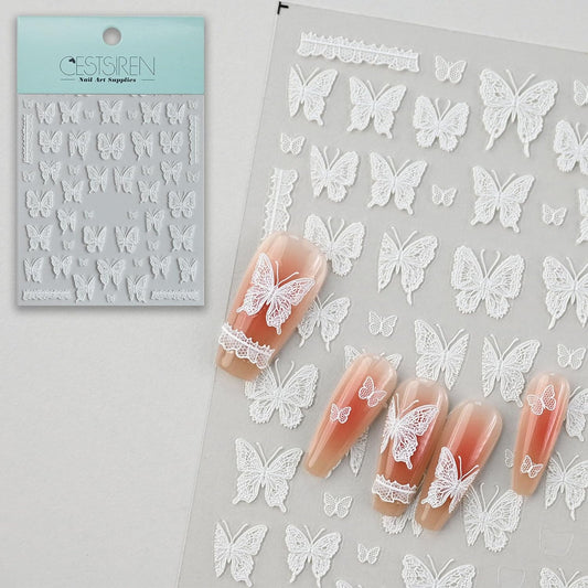 Lace Butterfly Nail Art Stickers, Embossed Nail Decals,Self-Adhesive, White Nail Accessories for Women, Nail Decorations