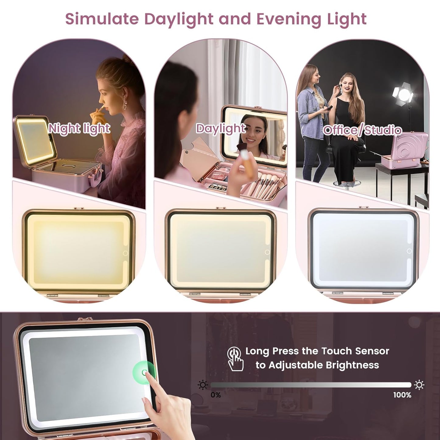 Travel Makeup Case with LED Lighted Mirror 12 Inch Portable Makeup Box Organizer Adjustable Brightness in 3 Colors Cosmetic Storage Case with Dividers Hard Aluminum Shell Vanity Box Pink