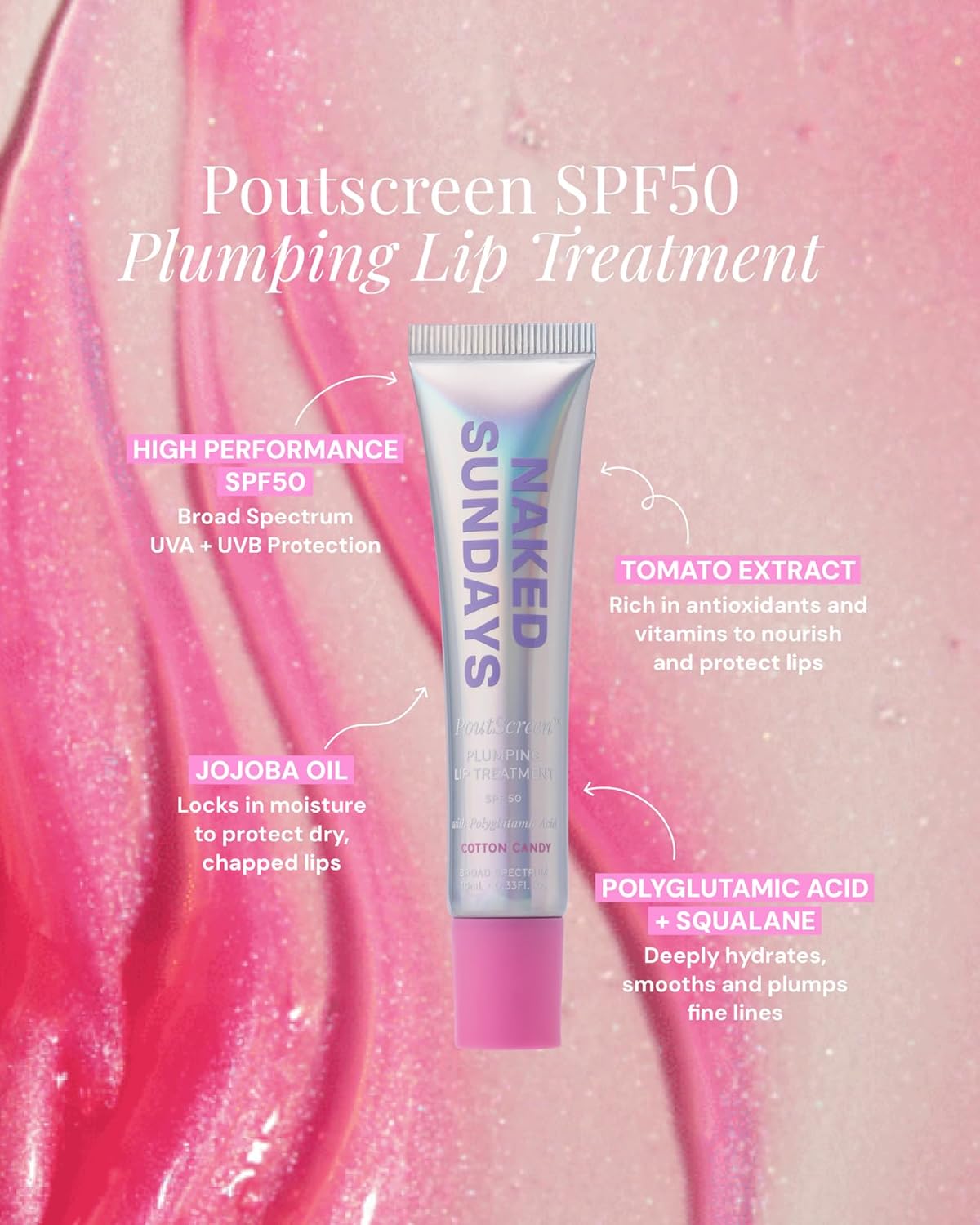 Naked Sundays PoutScreen™ SPF 50 Lip Balm – Hydrating Lip Treatment with Polyglutamic Acid for Moisture, Shine & Sun Protection | Vegan, Non-Sticky, Conditioning, High-Gloss Finish