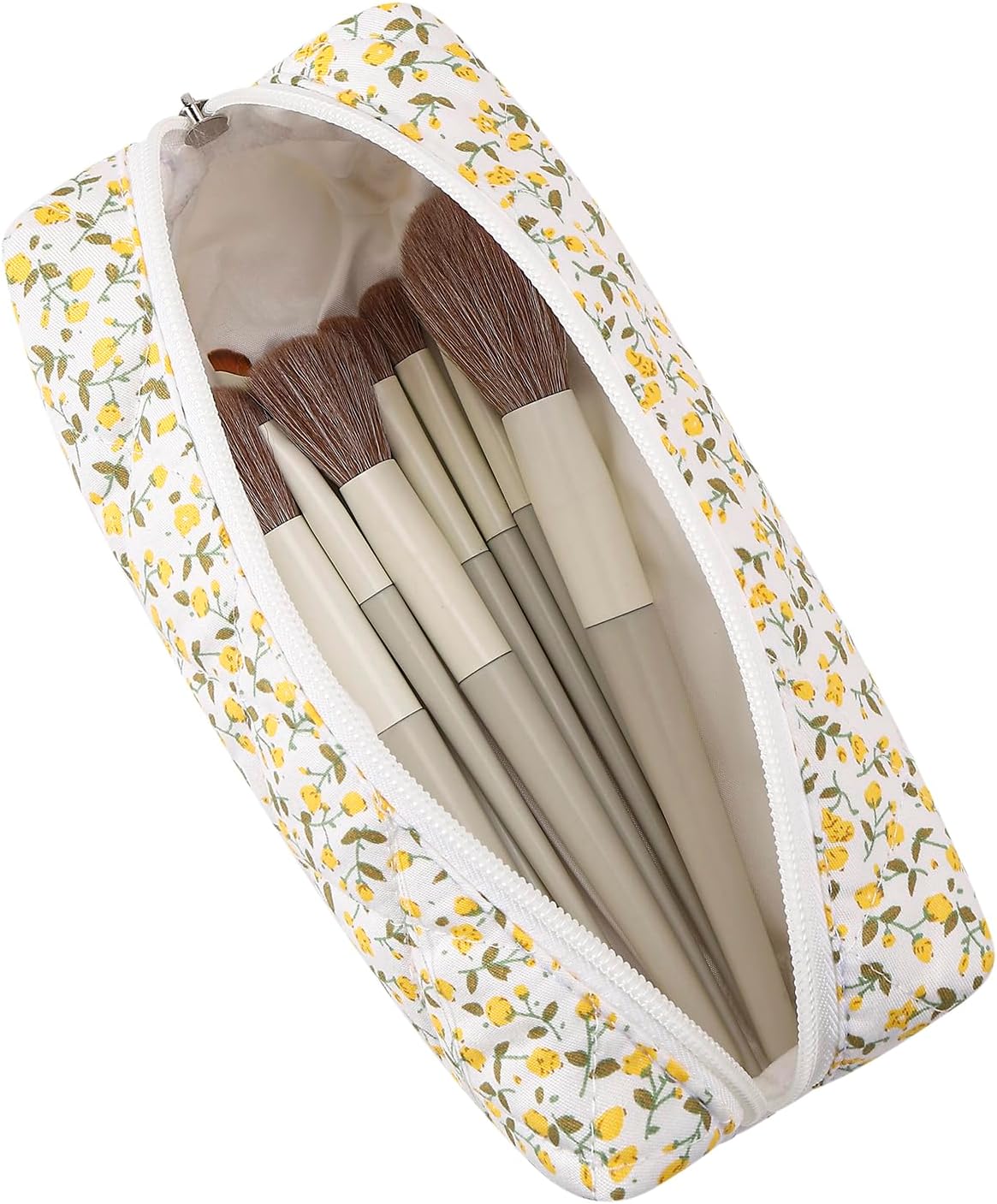 Cute Floral Cotton Makeup Brush Cosmetic Bag for Women, Travel Quilted Zipper Make Up Bag, Flowers Toiletry Organizer Case Kawaii Makeup Cosmetic Travel Cloth Pouch (Yellow Floral)