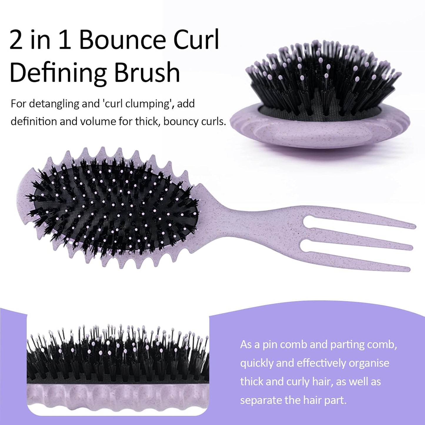Curly Hair Boar Bristle Curl Defining Brush for Curl Wave Straight Hair, Unique Trident Handle Design Defineing Brush for Wet Dry HairsStyling Massage Hairbrush Hairs Pick Comb Purple