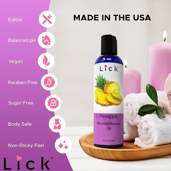 Lick Pineapple Flavored Massage Oil with Vitamin E, Coconut, Sweet Almond Oil for Lovemaking, Date Night, Nuru Yoni Massage Therapy, Safe & Edible