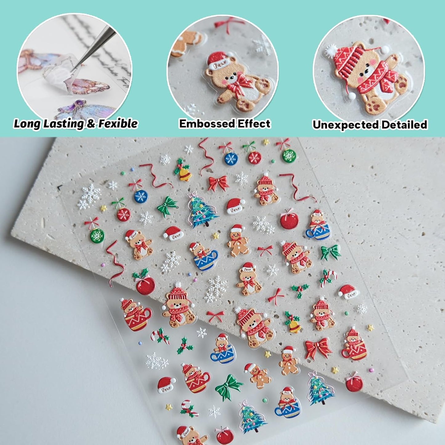 Christmas Bear Nail Stickers, Embossed Decals, Cute Design, Accessories for Women, Self-Adhesive Nail Art Supplies