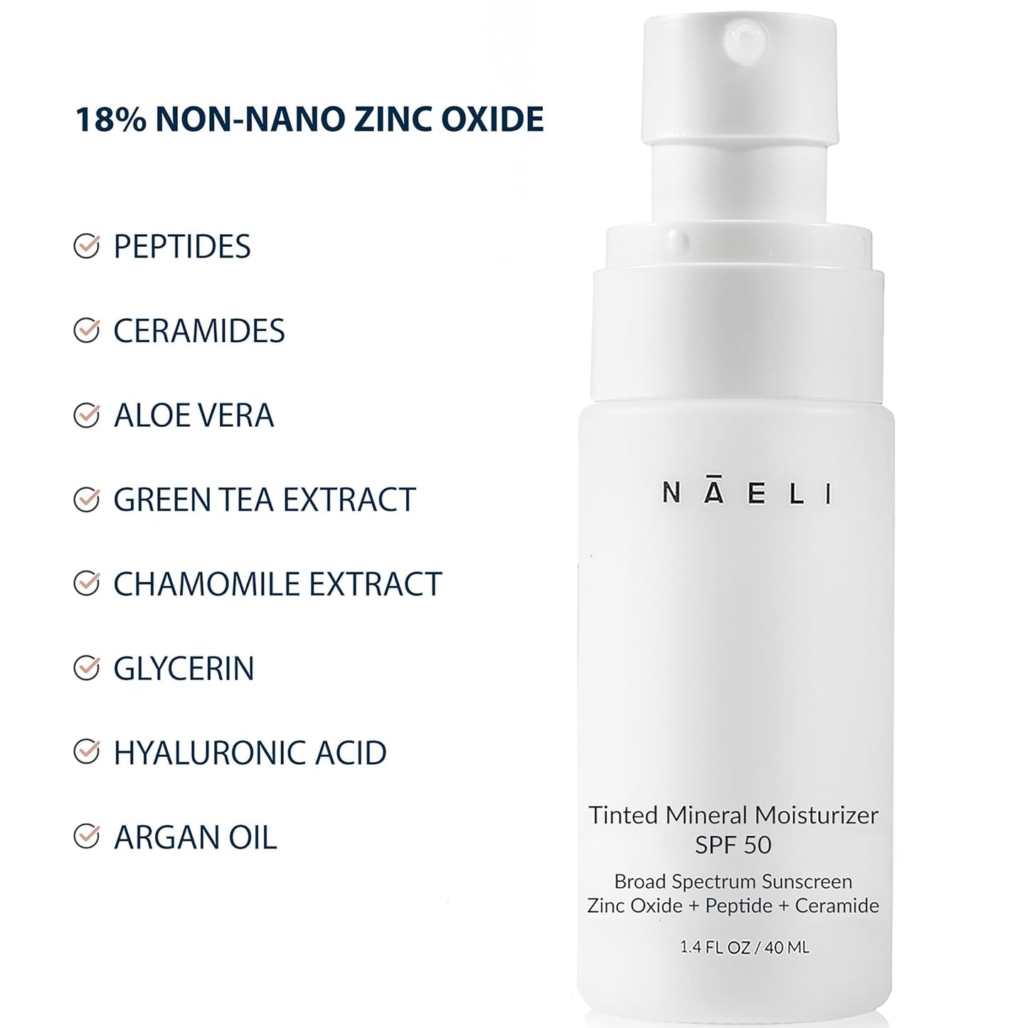 NAELI Anti Aging Tinted Moisturizer SPF 50, Mineral Sunscreen for Face with Zinc Oxide, Peptides & Ceramides, Natural Hydrating Universal Tint - 1.4 oz