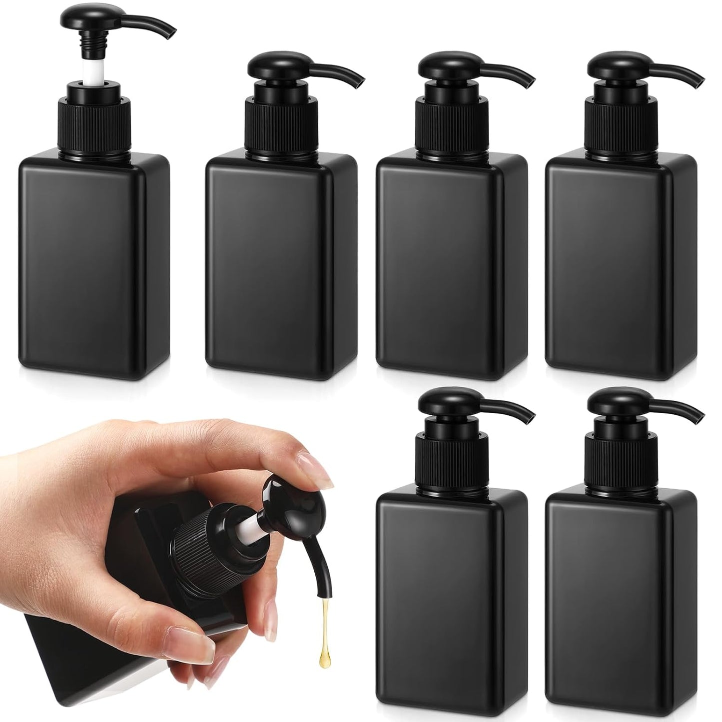 Domensi 6 Pcs 100ml /3.4 oz Pump Bottle Mini Travel Bottles Small Dispenser Containers Plastic Pump Lotion Dispenser Empty Square Travel Size Containers Toiletries (Whole Black)