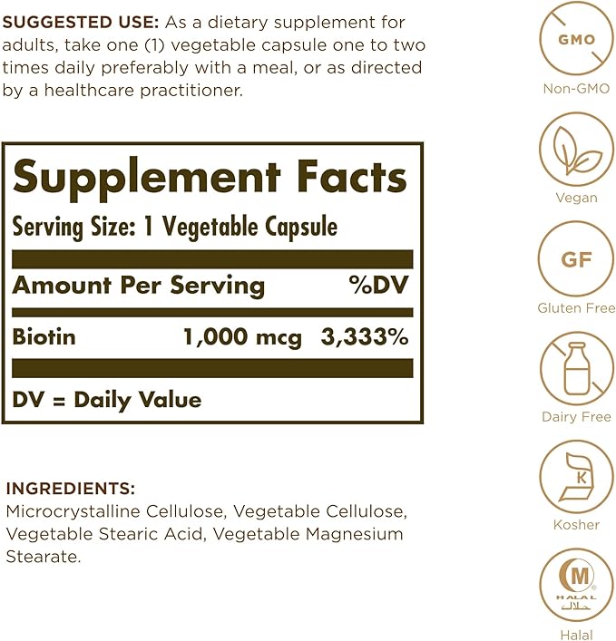 Solgar Biotin 1000 mcg - 100 Vegetable Capsules - Supports Healthy Skin, Nails & Hair - Non-GMO, Vegan, Gluten Free, Dairy Free, Kosher, Halal - 100 Servings
