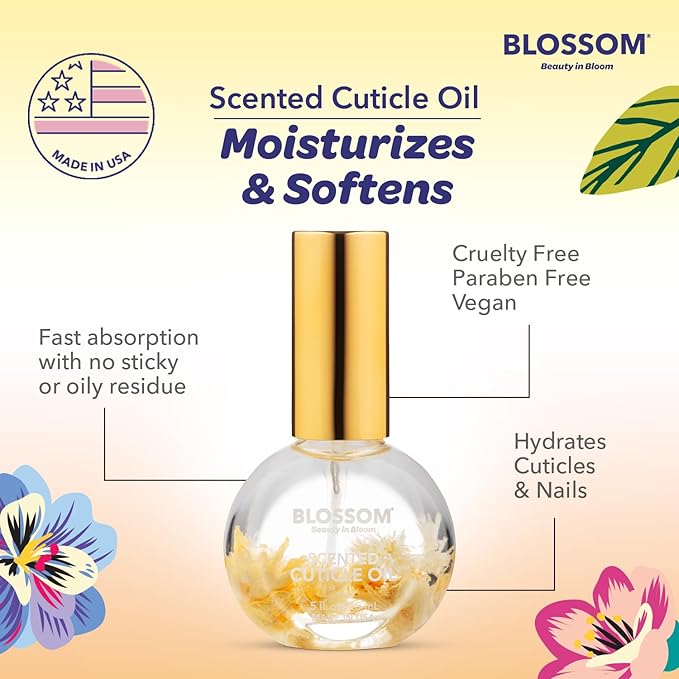 Blossom Cuticle Oil for Nails, Hydrating, Moisturizing, Gourmand Scented Nail Oil Cuticle Care, Infused with Real Flowers, Made in USA, 0.5 fl. oz, Almond Biscotti