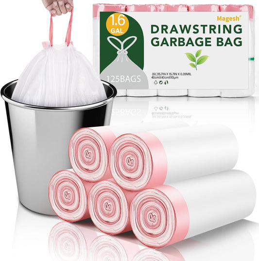 Drawstring Smal Trash Bags 1.6-Gallon - Clear White 125 Count Mini Bulk Disposable Garbage Bag Strong Thick Tiny Plastic Can Liners for Kitchen Bathroom Office Car Waste Basket No Scent