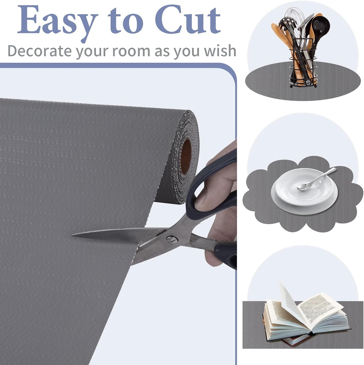 Drawer and Shelf Liner for Kitchen Cabinet: 17 in X 30 Ft Non Slip Waterproof Shelf Paper Non Adhesive Refrigerator Liners Gray Easy Liners for Bathroom Cupboard with Knife Tape Measure