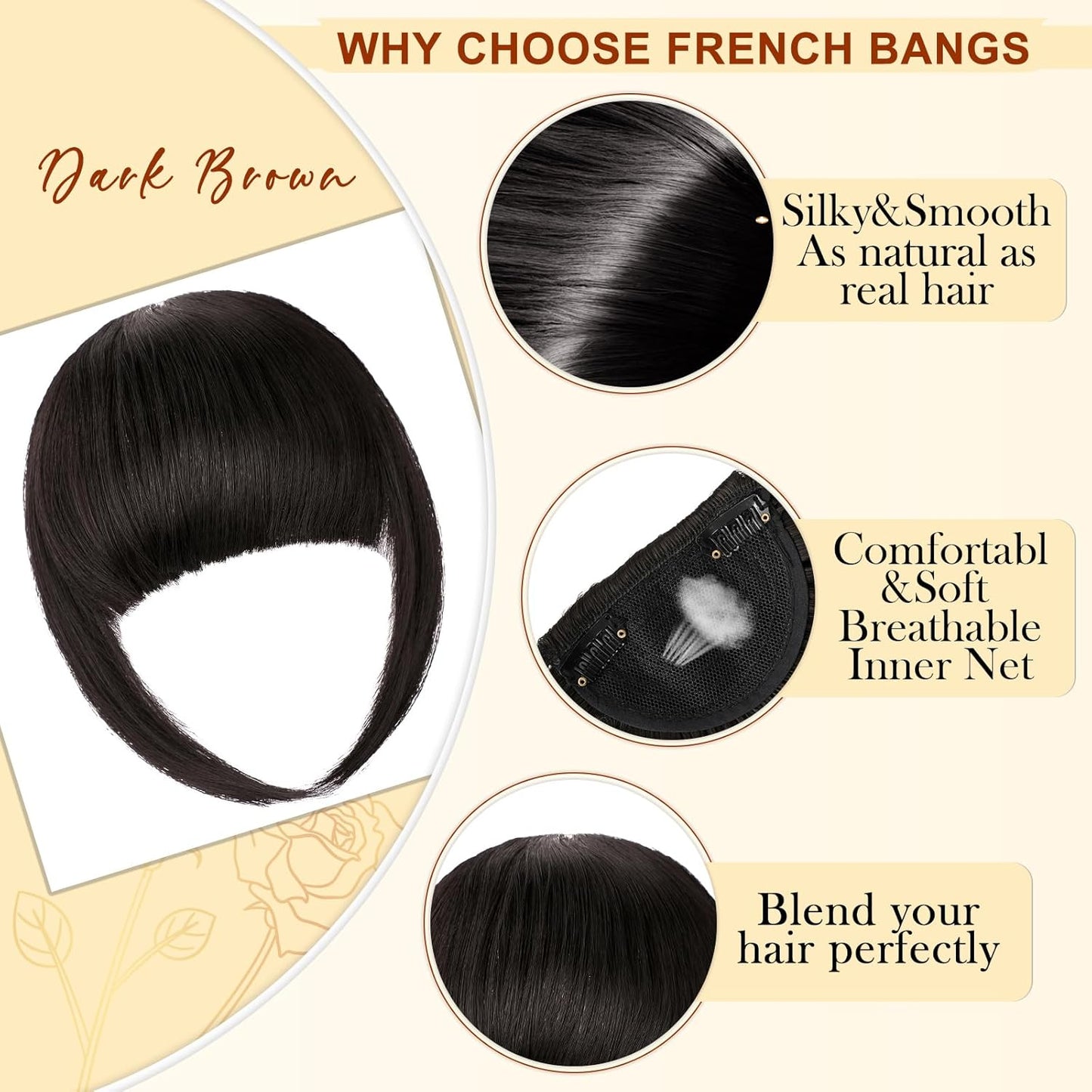 Bangs Hair Clip in Bangs, Fake Bangs Natrual Clip on Bangs Dark Brown,Faux Bangs Easy Clip in Hair Extenisons,French Bangs Fringe with Temples Hairpieces Curved Bangs for Daily Wear