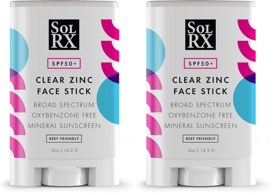 SolRX MINERAL SPF 50 Sunscreen Stick for Face - Zinc Oxide Sunsceen Stick, Clear, Non-Greasy (Pack of 2)