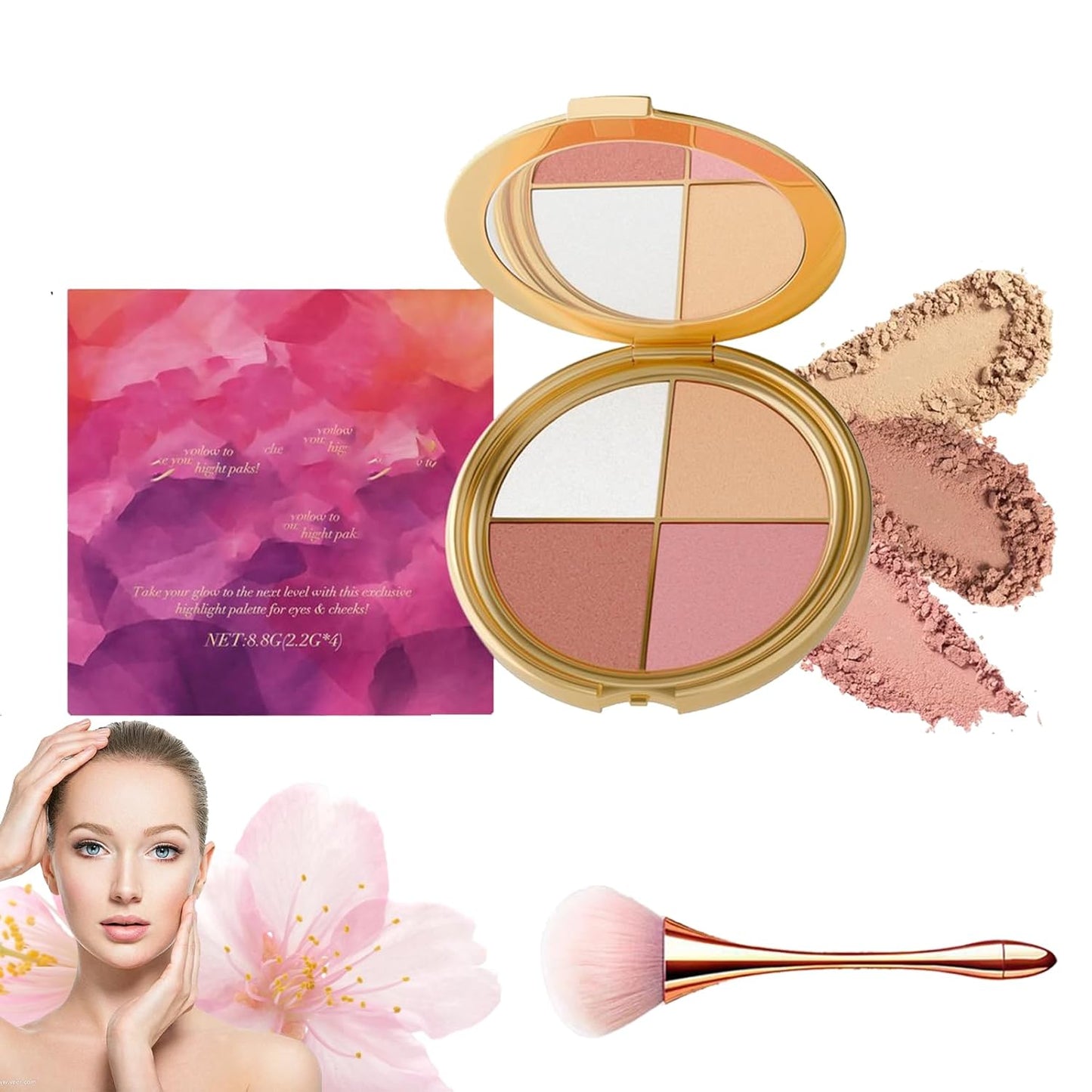 Glowjiu Glow Gallery Highlighting Eye & Cheek Palette, Glowjiu Highlighting Eye & Cheek Palette, 4-In-1 Highlight Shades Makeup for Blush, Eyeshadow And Highlighter Makeup (1pc)