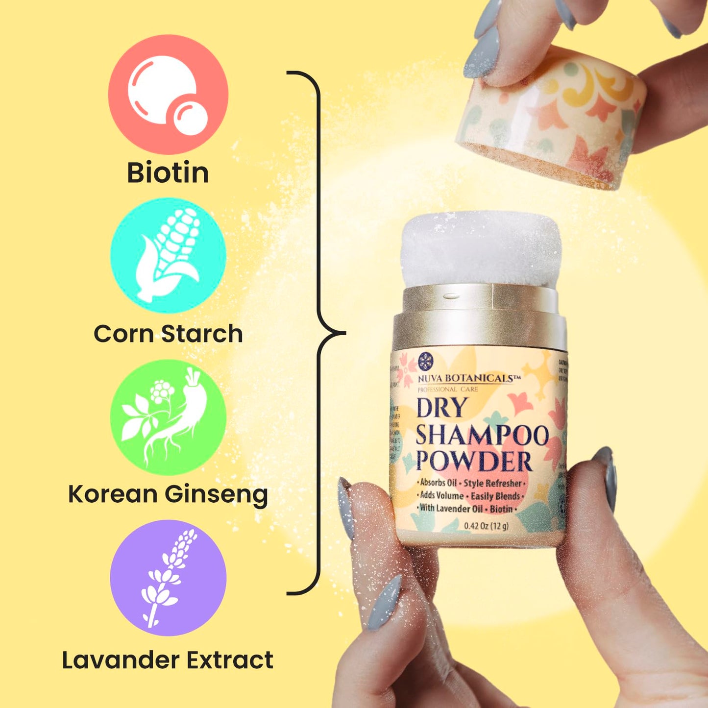 Non Aerosol Dry Shampoo Powder with Biotin - Lavender Extract and Korean Ginseng - Volumizing Travel Size (0.42 oz) - Gifts for Her