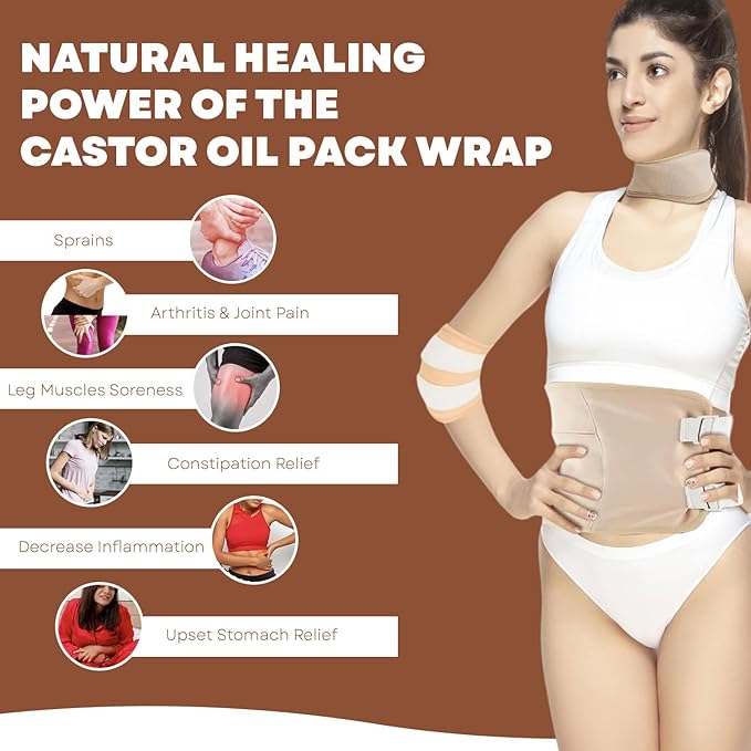 Castor Oil Pack Wrap Kit, 6 Pcs Organic Cotton, Adjustable Strap for Neck, Waist, Chest, Knee, Reusable, Washable - Detox, Constipation, Inflammation (Khakhi)