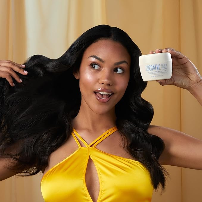 Coco & Eve Pro Youth Hair & Scalp Mask. Anti-aging, strength, shine, volume. Regulate dandruff. With honey, retinol for youthful hydrated hair.