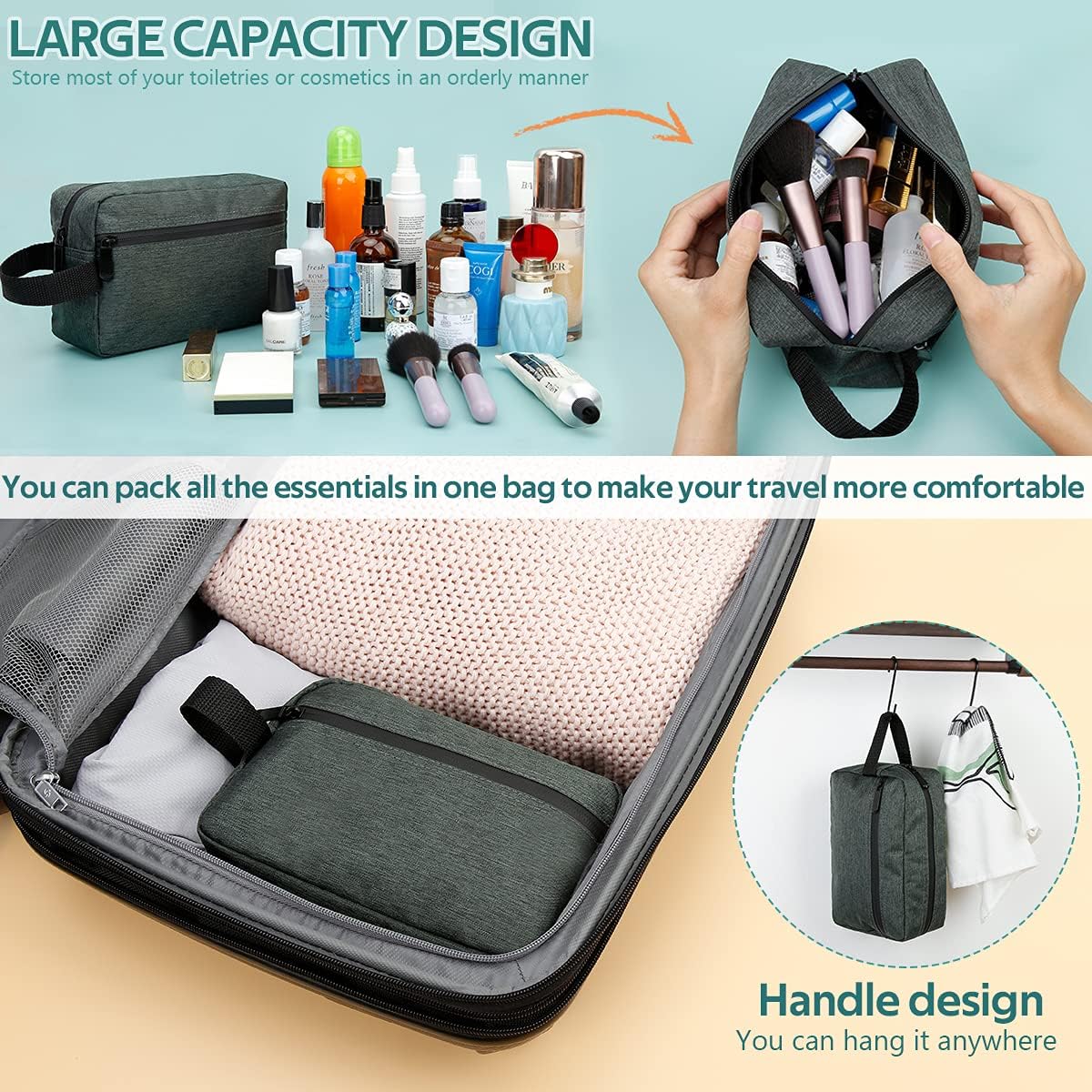 Travel Toiletry Bag for Women and Men, Water-resistant Shaving Bag for Toiletries Accessories, Foldable Storage Bags with Divider and Handle for Cosmetics Toiletries Brushes Tools