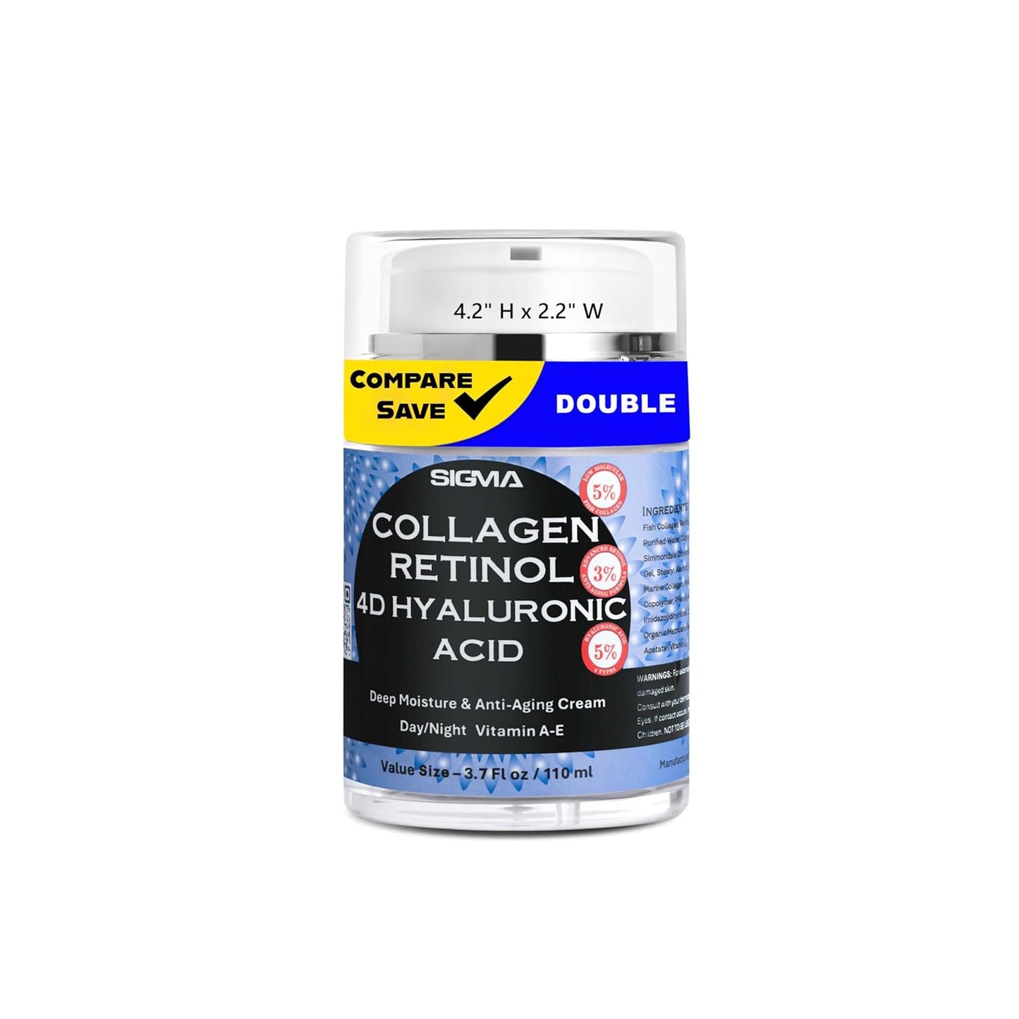 Anti-Aging Face Cream $6.47/oz - 5% Marine Collagen 3% Retinol 5% Hyaluronic Acid - Wrinkle Firming Moisturizer Face Neck - Professional Strength 3.7oz - 1 Finger Cream Dispenser