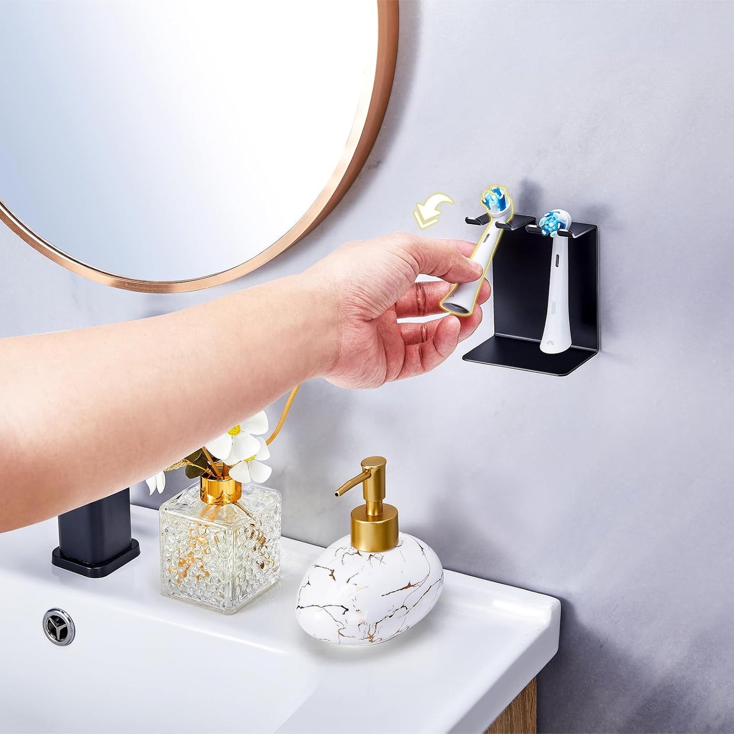 Electric Toothbrush Head Holder, Tooth Brushing Holder, Wall Mounted Toothbrush Holders Shower Bathroom, Self Adhesive or Desktop Tooth Brush Holder Organiser (Black, Small)