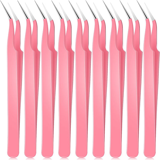 Honoson 9 Pieces Curved Pointed Craft Tweezers Stainless Steel Precision Tweezer with Protective Cover for Rhinestones Dried Flowers Craft Stickers Eyelash Extension Jewelry Making(Pink)