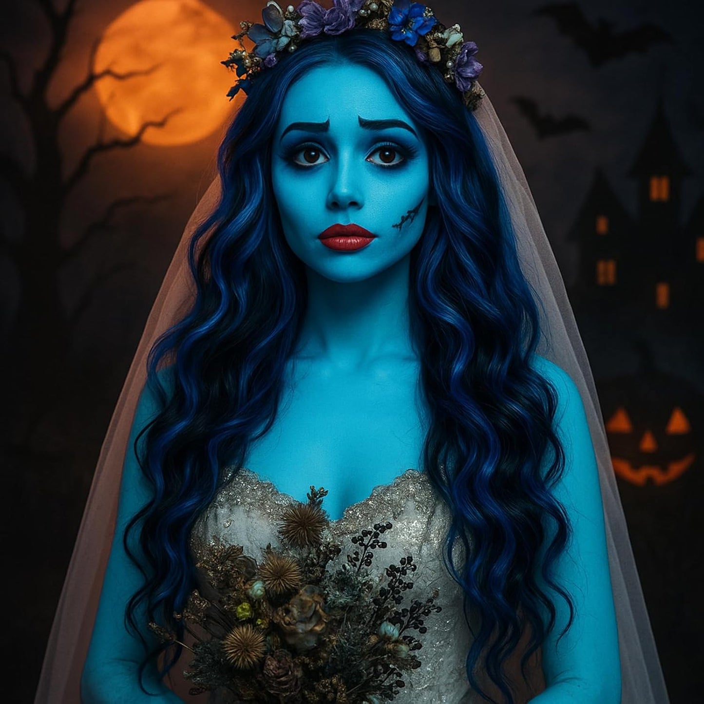 Halloween Makeup Kit for Corpse Bride Costume Women Girls Kids,Costume Accessories Cosplay Makeup Set with Light Blue Face Paint,Black Liquid Eyeliner,Red Lipstick,Blue Clip in Hair Extensions&Sponges